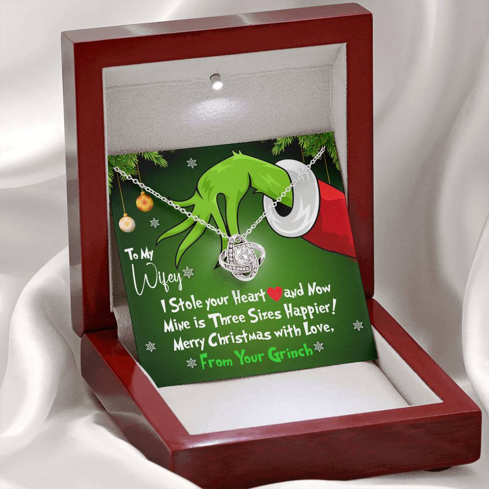 To My Wifey, I Stole Your Heart and Now Mine is 3 Sizes Happier - Grinch Inspired Message Card Jewelry - Love Knot Necklace