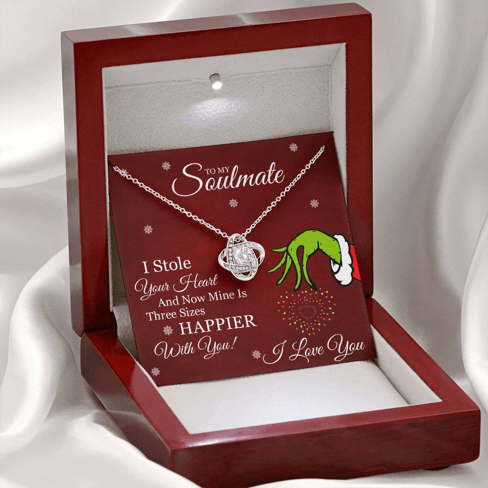 Grinch Necklace For Wife, To My Soulmate, I Stole Your Heart, Love Knot Necklace Message Card