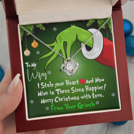 To My Wifey, I Stole Your Heart and Now Mine is 3 Sizes Happier - Grinch Inspired Message Card Jewelry - Love Knot Necklace