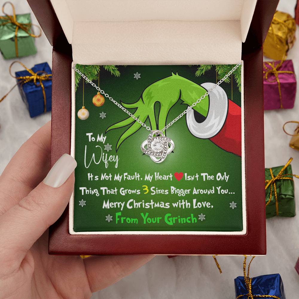 Grinch Necklace For Wife, Funny Gift For Wife, My Heart Isn't The Only Thing That Grows 3X Bigger Around You, Love Knot Necklace Message Card