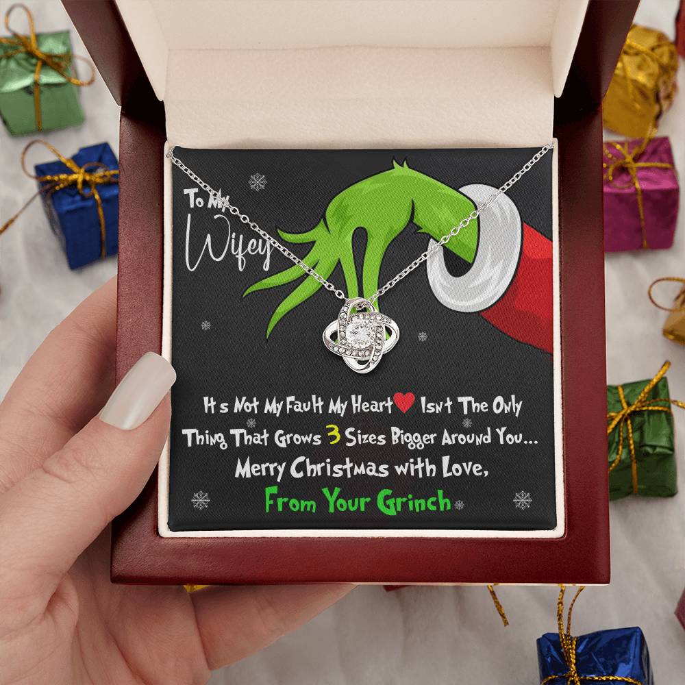 Grinch Necklace For Wife, Funny Gift For Wife, My Heart Isn't The Only Thing That Grows 3X Bigger Around You, Love Knot Necklace Message Card