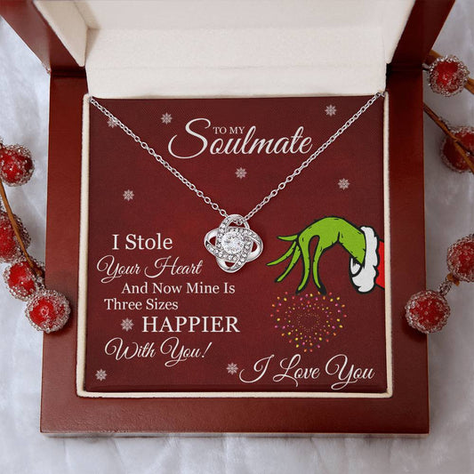 Grinch Necklace For Wife, To My Soulmate, I Stole Your Heart, Love Knot Necklace Message Card