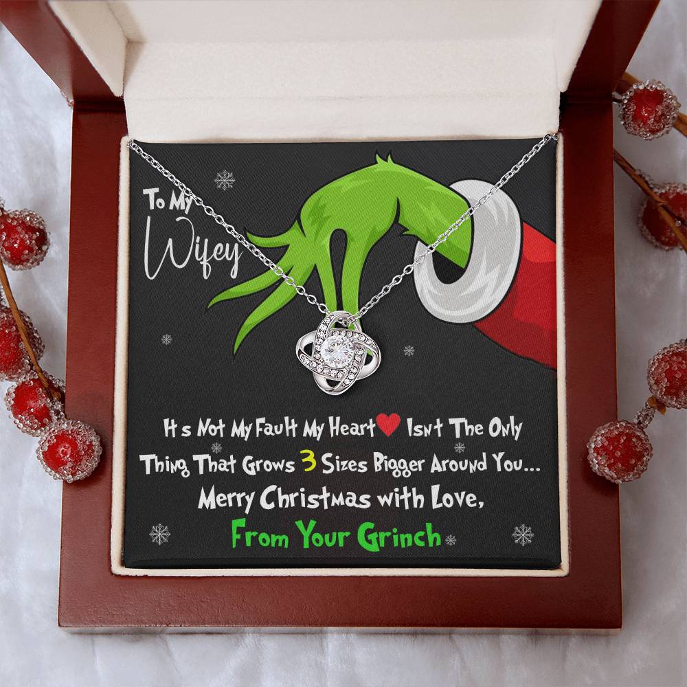 To My Wife, I Stole Your Heart and Now Mine is 3 Sizes Happier With You! - Grinch Inspired Message Card Jewelry - Love Knot Necklace