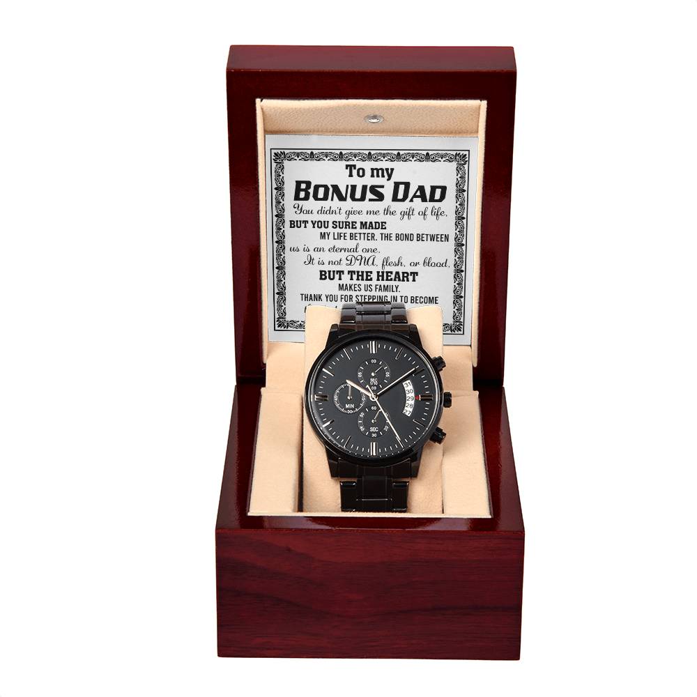 To My Bonus Dad, Thank You For Stepping In To Be My Dad, Black Chronograph Watch, Gift For Dad