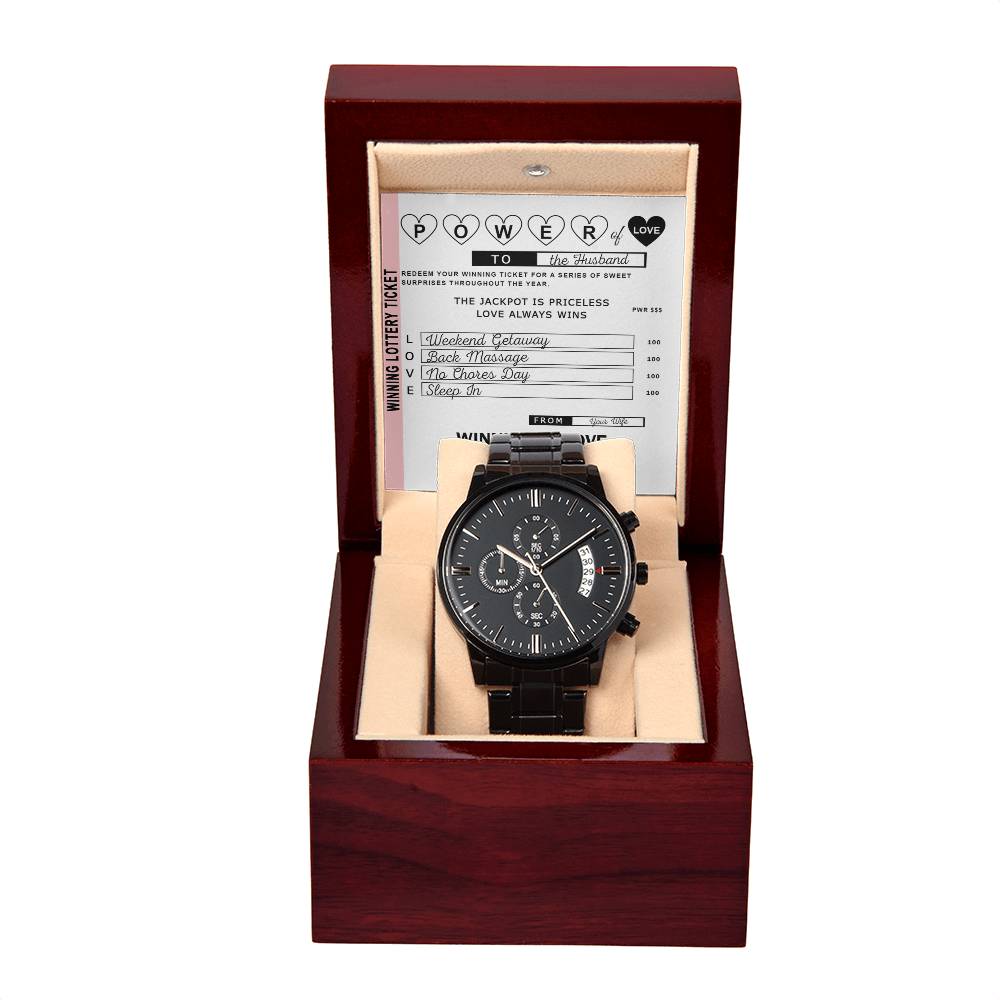 To My Husband, Power Of Love Lottery Ticket For Husband, Black Chronograph Watch