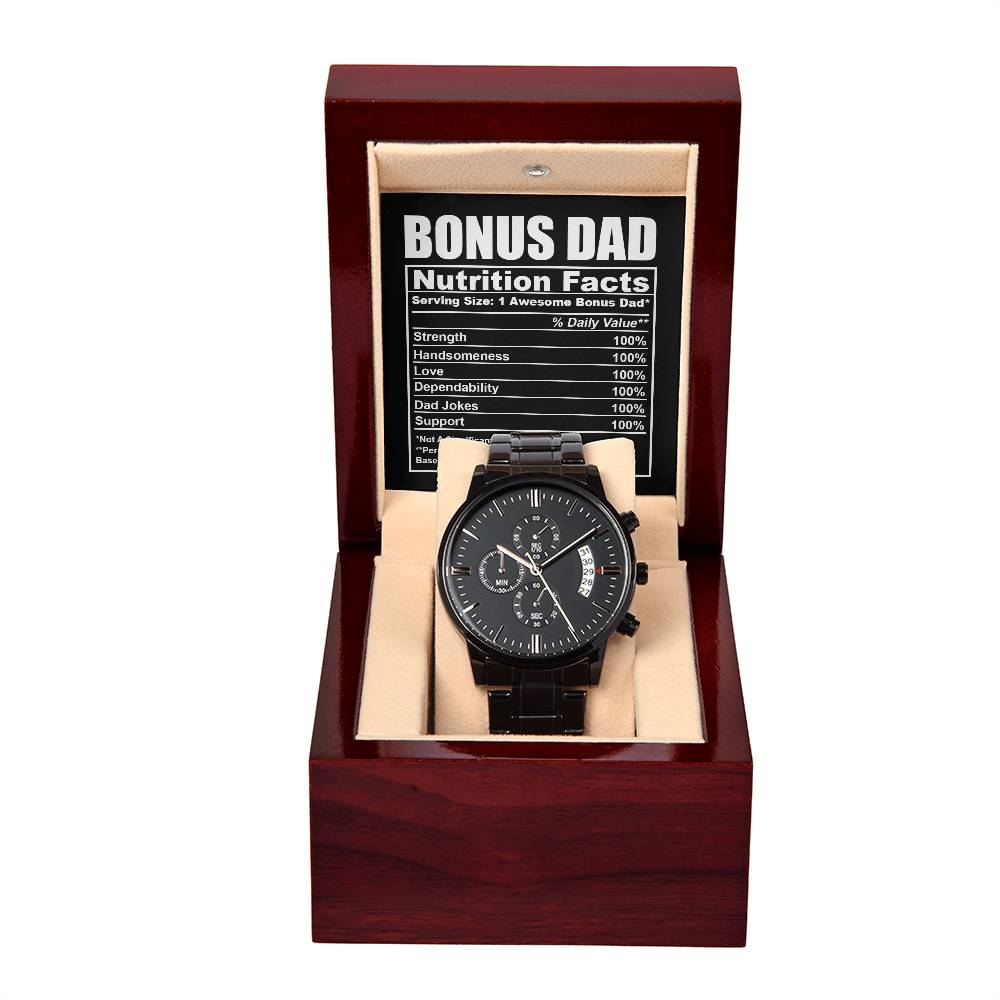 To My Bonus Dad, Nutrition Facts, Black Chronograph Watch, Funny Gift For Dad