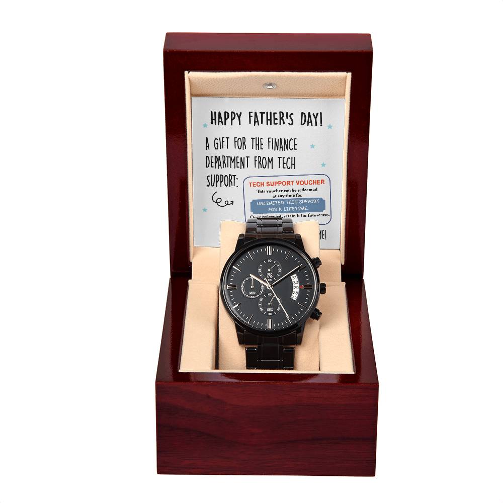 To My Dad, Happy Fathers Day, Tech Support Voucher, Black Chronograph Watch, Funny Gift For Dad