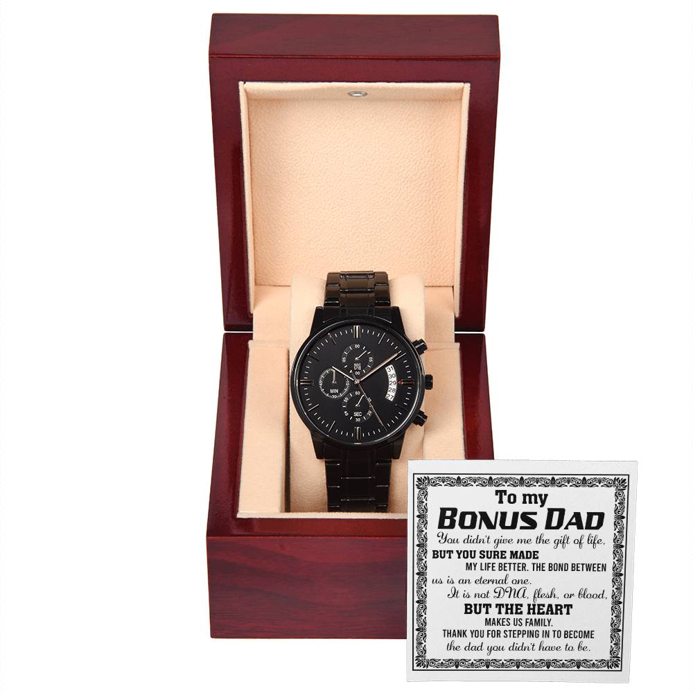 To My Bonus Dad, Thank You For Stepping In To Be My Dad, Black Chronograph Watch, Gift For Dad