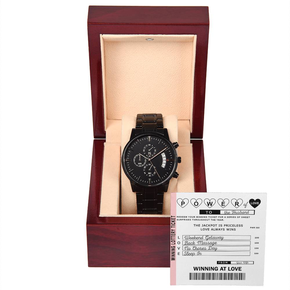 To My Husband, Power Of Love Lottery Ticket For Husband, Black Chronograph Watch