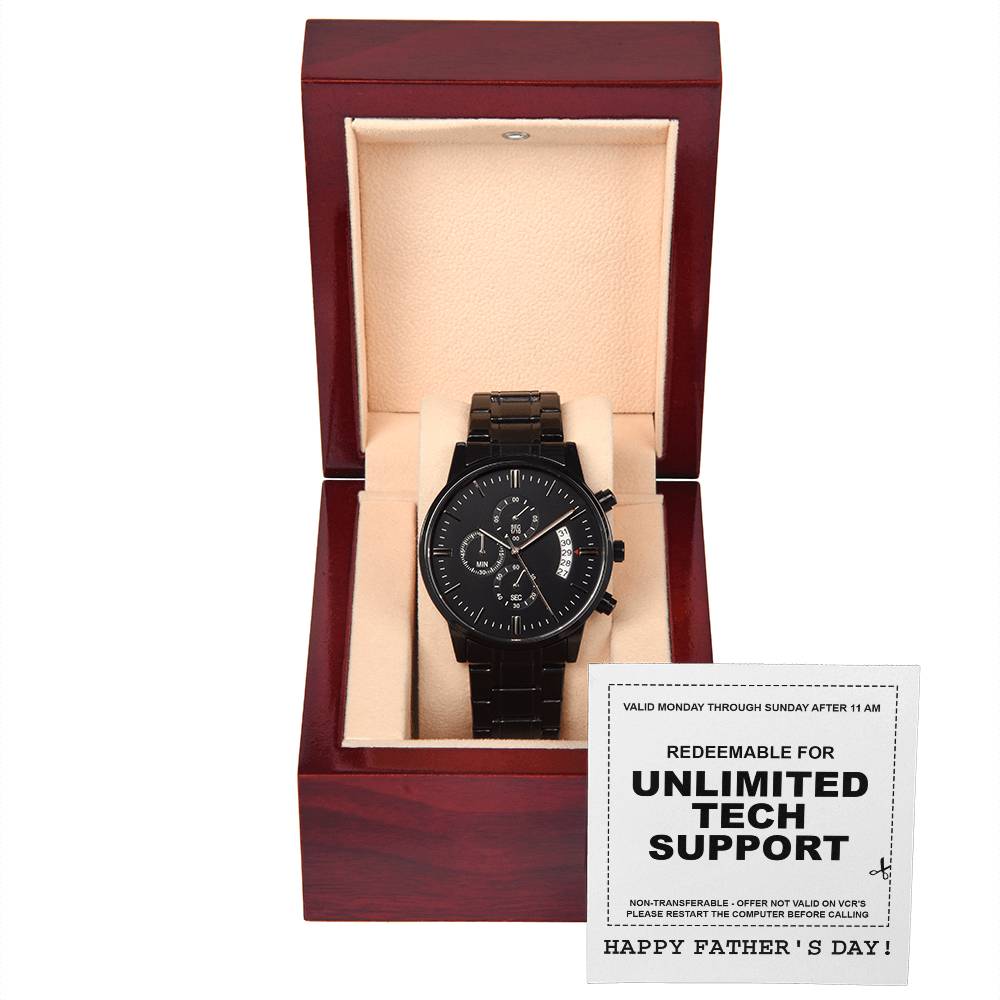 To My Dad, Happy Fathers Day, Unlimited Tech Support Voucher, Black Chronograph Watch, Funny Gift For Dad