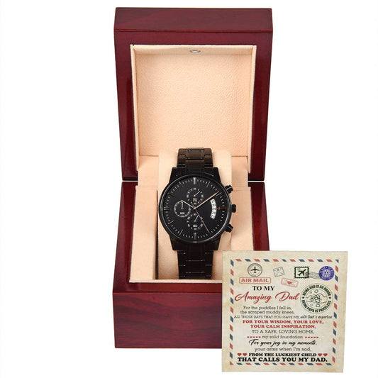 To My Dad, To My Amazing Dad, From The Luckiest Child, Black Chronograph Watch, Funny Gift For Dad