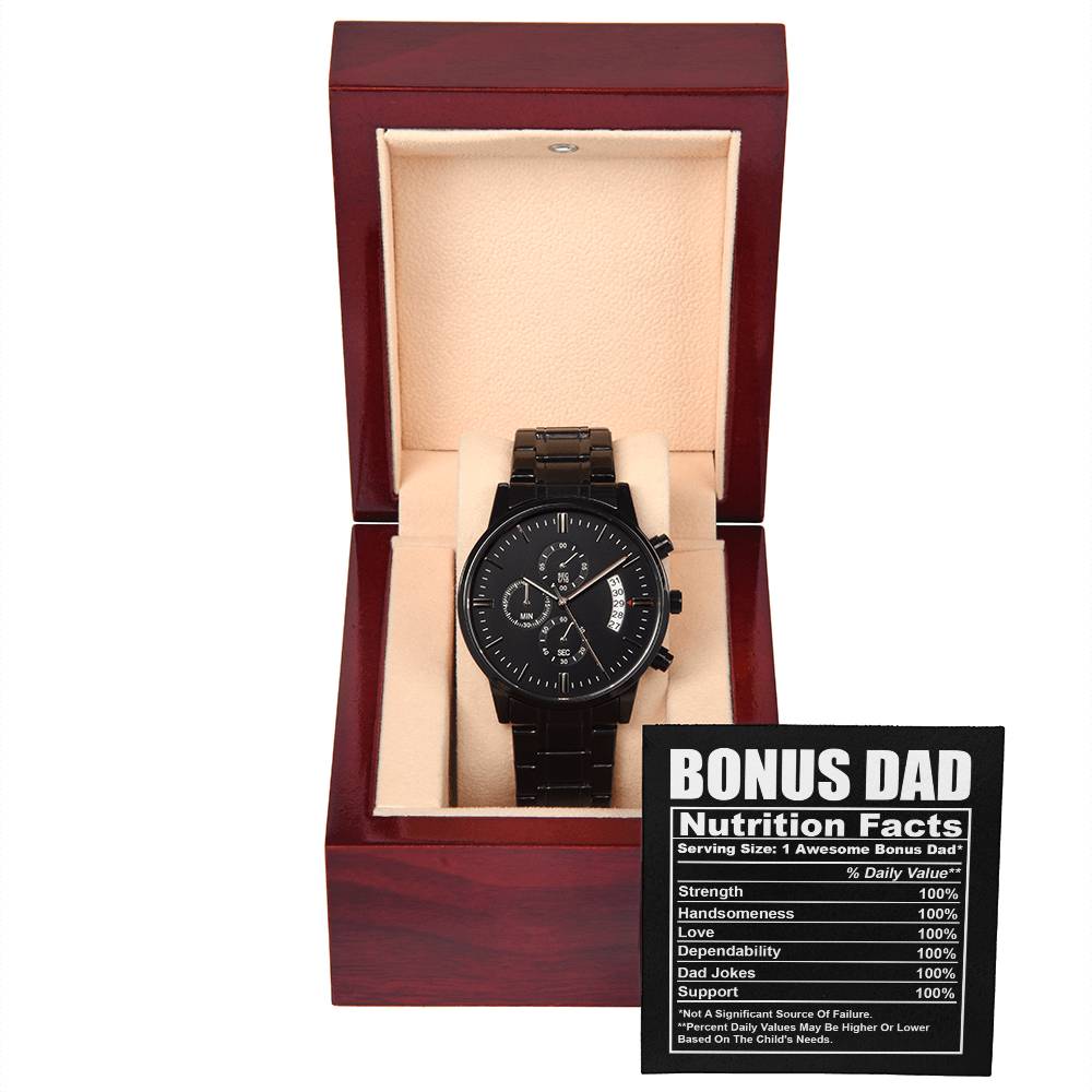 To My Bonus Dad, Nutrition Facts, Black Chronograph Watch, Funny Gift For Dad