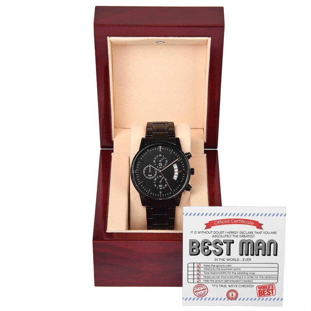 To My Best Man, Official Certificate, Greatest Best Man In The World, Black Chronograph Watch