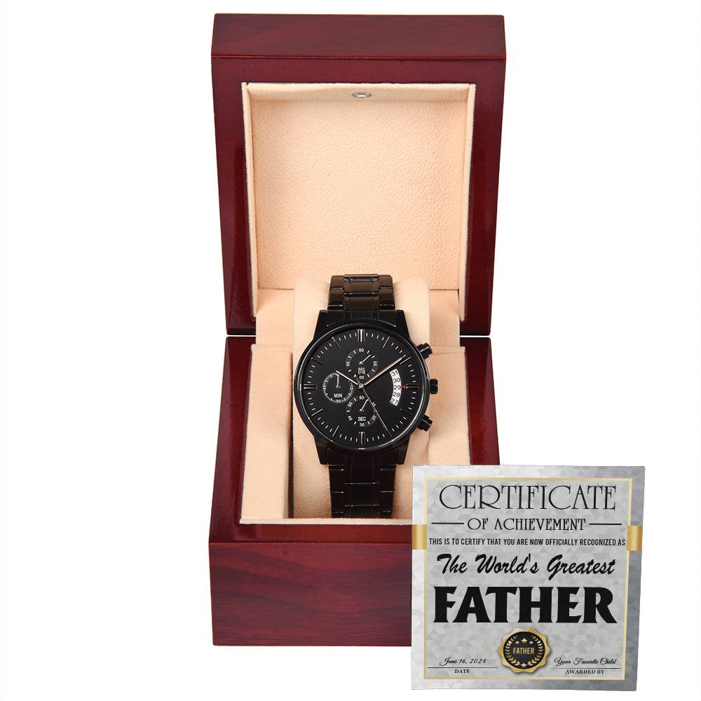 To My Dad, Certificate Of Achievement, The Worlds Greatest Father, Black Chronograph Watch, Gift For Dad