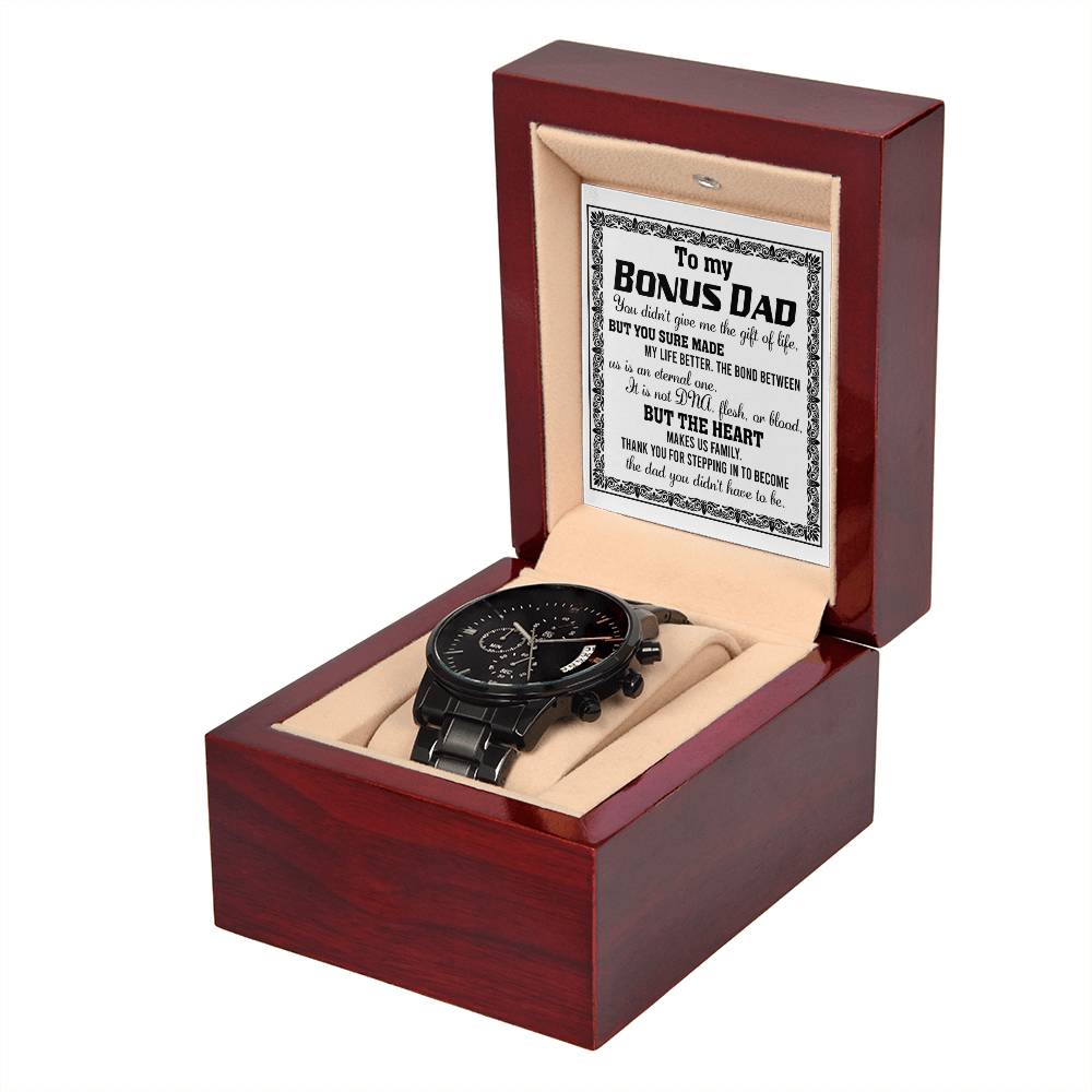 To My Bonus Dad, Thank You For Stepping In To Be My Dad, Black Chronograph Watch, Gift For Dad