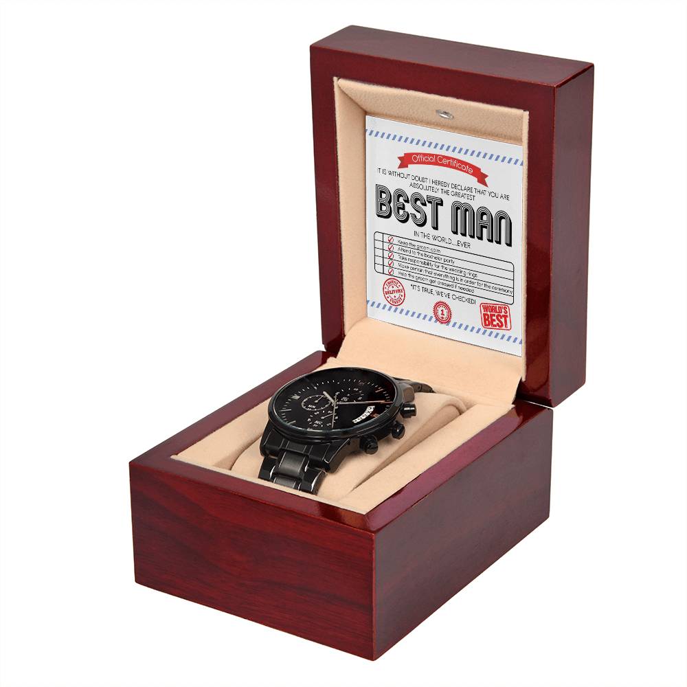 To My Best Man, Official Certificate, Greatest Best Man In The World, Black Chronograph Watch