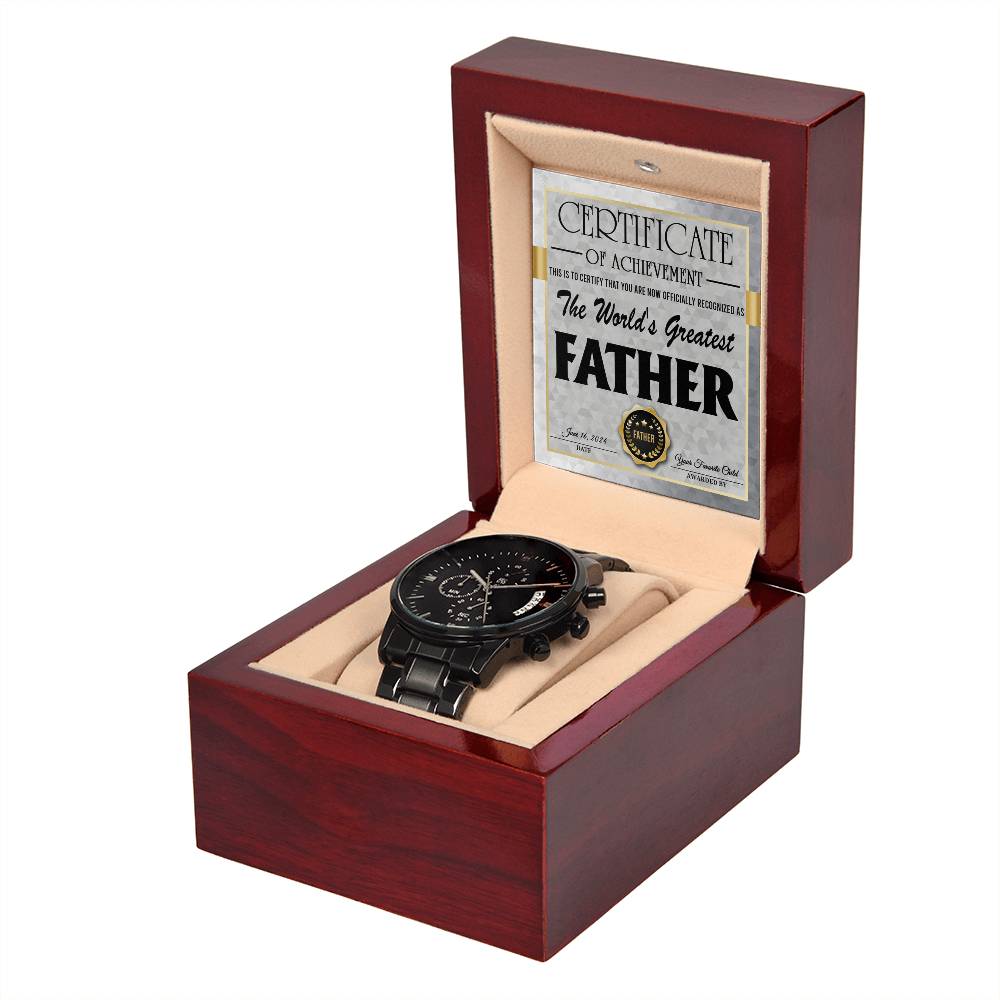 To My Dad, Certificate Of Achievement, The Worlds Greatest Father, Black Chronograph Watch, Gift For Dad