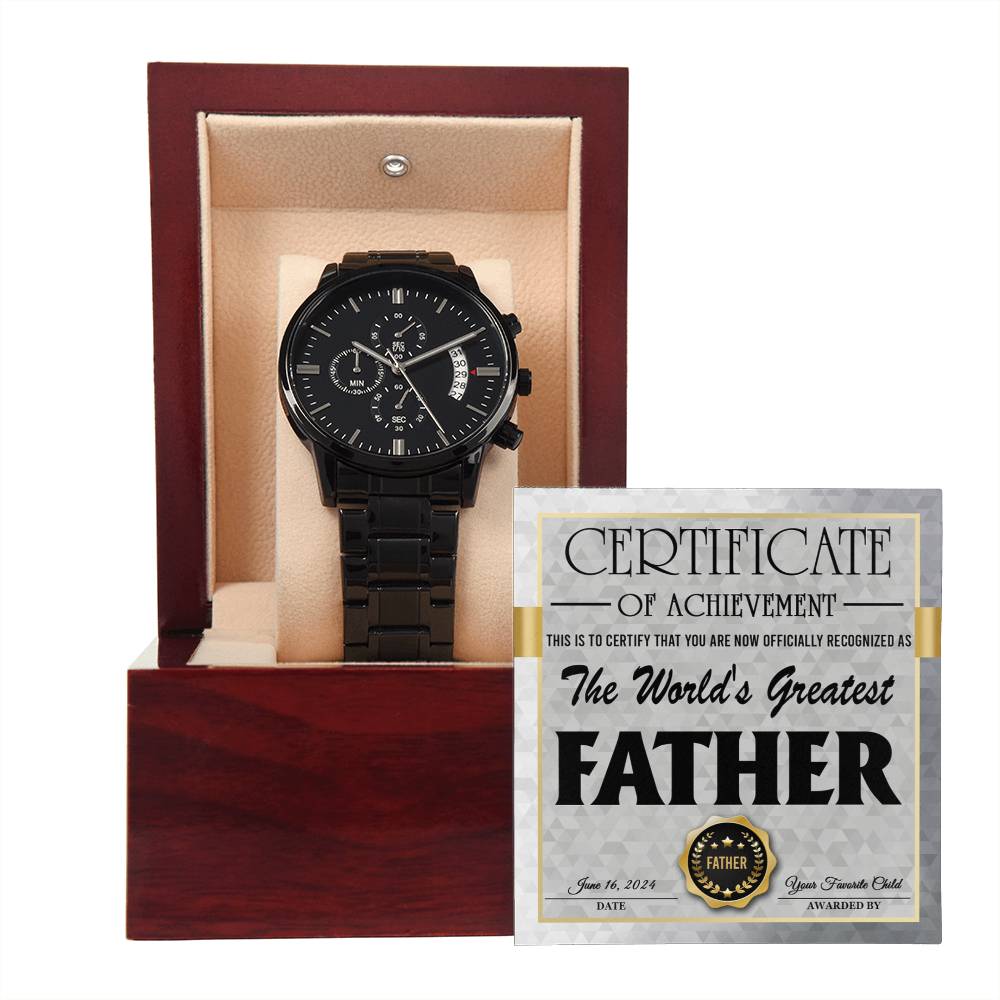 To My Dad, Certificate Of Achievement, The Worlds Greatest Father, Black Chronograph Watch, Gift For Dad