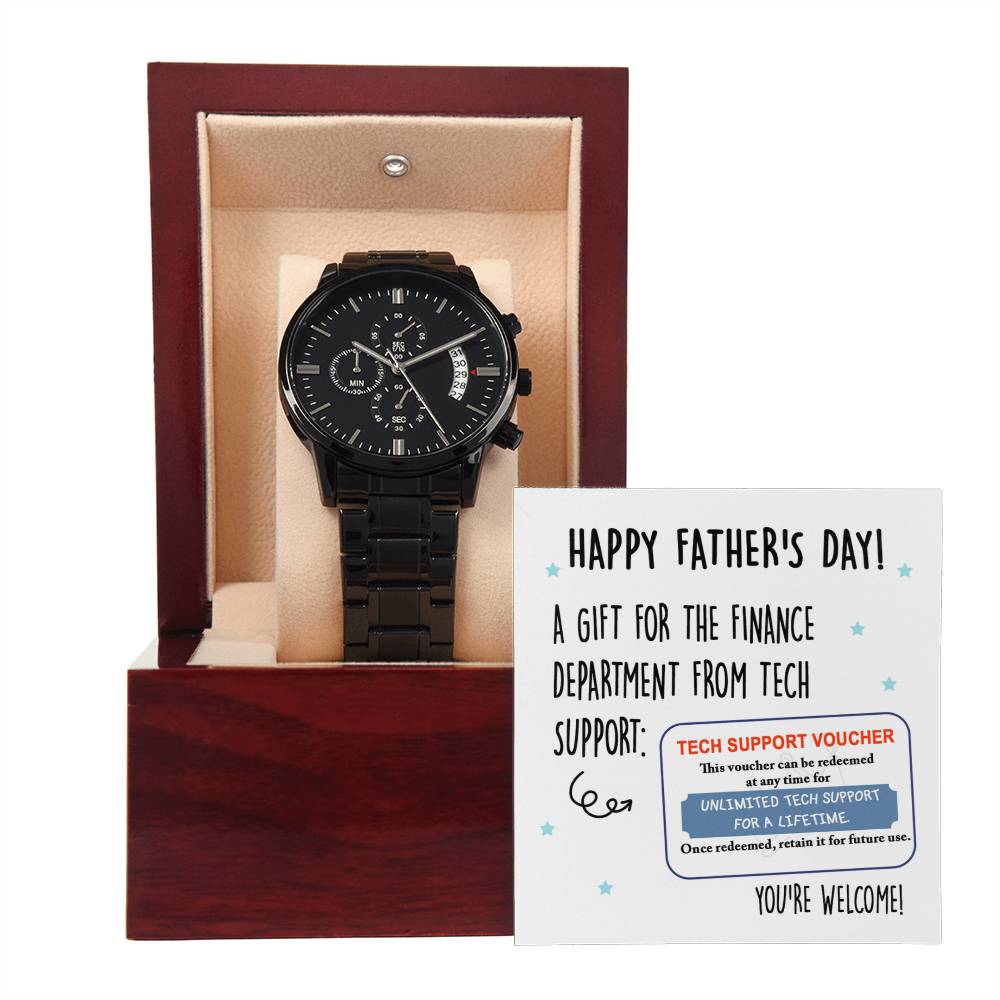To My Dad, Happy Fathers Day, Tech Support Voucher, Black Chronograph Watch, Funny Gift For Dad