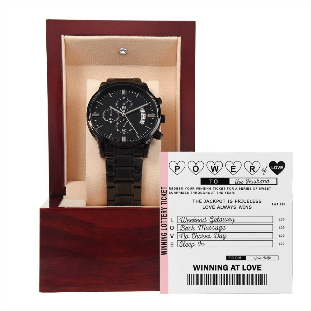 To My Husband, Power Of Love Lottery Ticket For Husband, Black Chronograph Watch