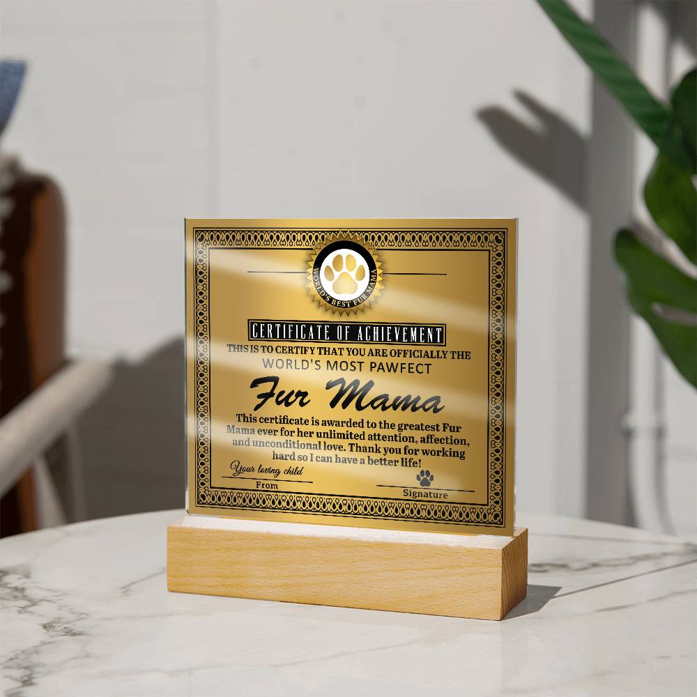 To My Fur Mama, Certificate Of Achievement, Square Acrylic Plaque