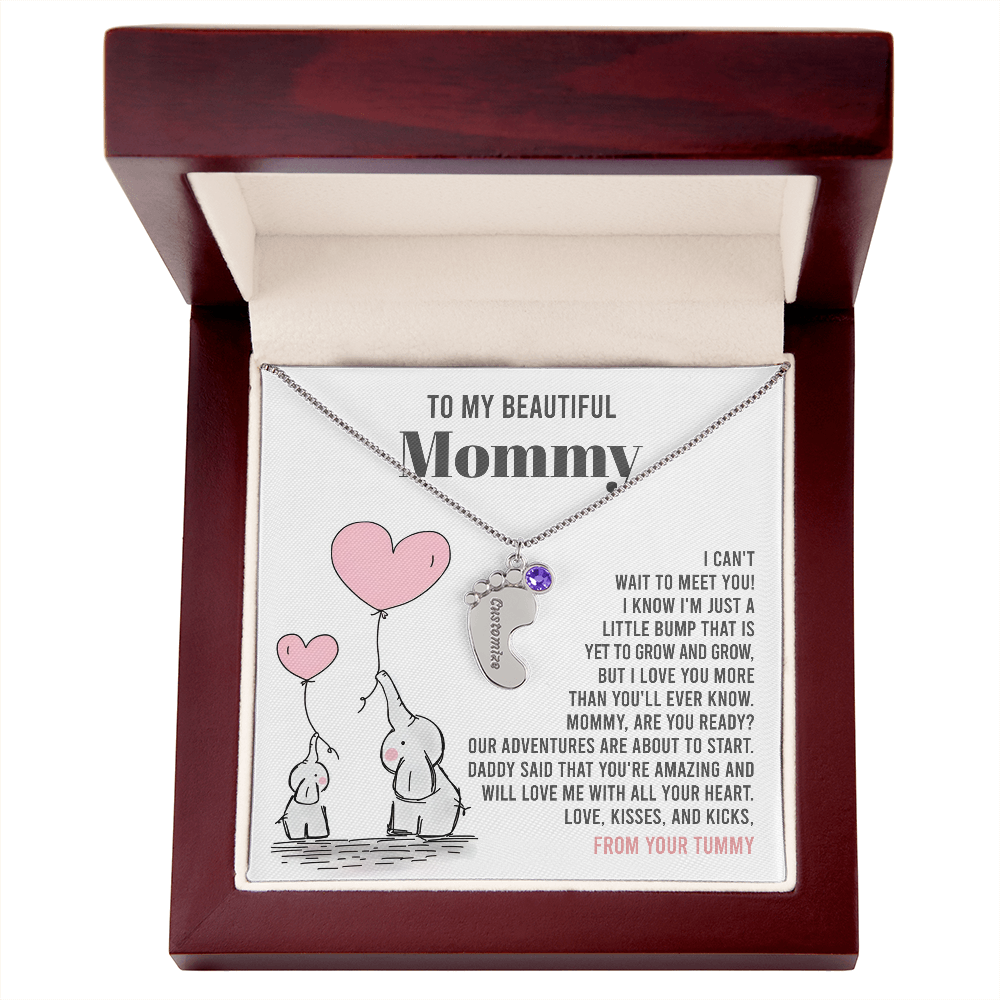 Mama To Be - All Your Heart  - Engraved Baby Feet Necklace with Birthstone