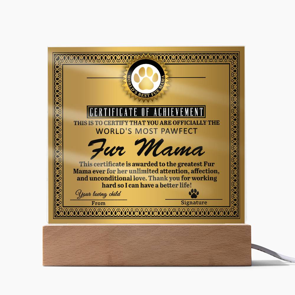 To My Fur Mama, Certificate Of Achievement, Square Acrylic Plaque