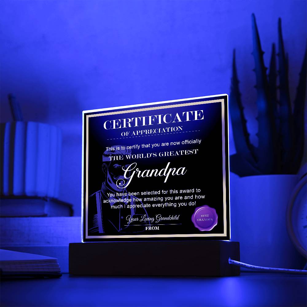 To My Grandpa, Worlds Greatest Grandpa, Certificate Of Appreciation, From Your Grandchild, Square Acrylic Plaque