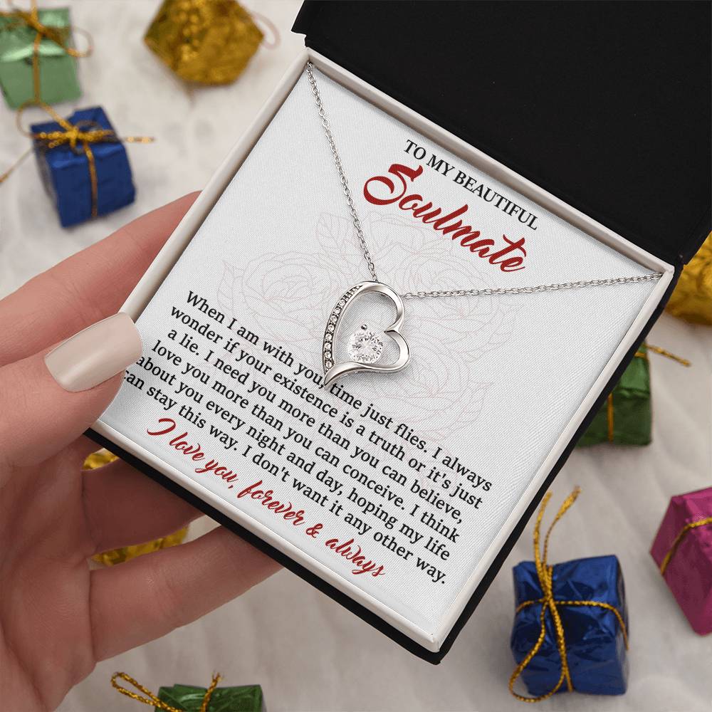 To My Beautiful Soulmate,  I Need You, Forever Love Heart Necklace Message Card