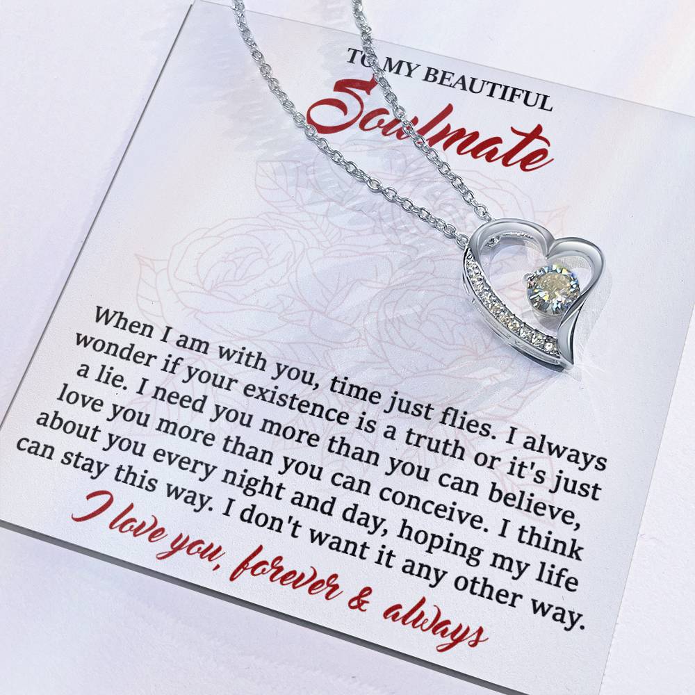 To My Beautiful Soulmate,  I Need You, Forever Love Heart Necklace Message Card