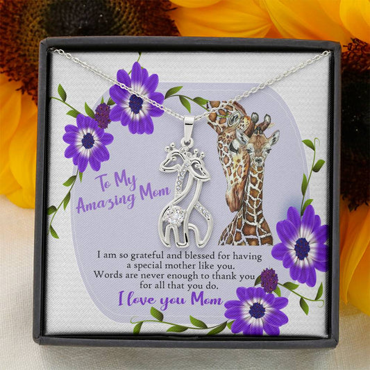 Giraffe Necklace - To My Amazing Mom - Purple Flowers - Words Are Never Enough to Thank You For All That You Do! I Love You! ***